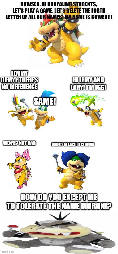The koopalings class game to delete the forth letter of their name! | BOWSER: HI KOOPALING STUDENTS, 
LET'S PLAY A GAME, LET'S DELETE THE FORTH LETTER OF ALL OUR NAMES! MY NAME IS BOWER!!! LEMMY (LEMY): THERE'S NO DIFFERENCE; HI LEMY AND LARY! I'M IGG! SAME! WENY!? NOT BAD; LUDIG!? AT LEAST IT IS GOOD! HOW DO YOU EXCEPT ME TO TOLERATE THE NAME MORON!? | image tagged in koopalings | made w/ Imgflip meme maker