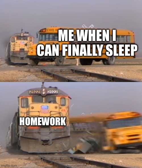 When you can finally sleep and you remember homework | ME WHEN I CAN FINALLY SLEEP; HOMEWORK | image tagged in a train hitting a school bus | made w/ Imgflip meme maker