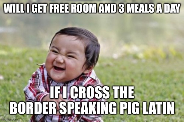 If you can’t beat them, join them. | WILL I GET FREE ROOM AND 3 MEALS A DAY; IF I CROSS THE BORDER SPEAKING PIG LATIN | image tagged in evil toddler,illegals,room,board,free | made w/ Imgflip meme maker