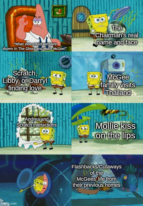 The Ghost and Molly McGee wishlist | The Chairman's real name and face; "What else could we have shown in The Ghost and Molly McGee?"; Scratch, Libby, or Darryl finding love; McGee family visits Thailand; Andrea and Scratch interactions; Mollie kiss on the lips; Flashbacks/Cutaways of the McGees' life from their previous homes | image tagged in spongebob diapers meme,memes,disney,the ghost and molly mcgee,cartoon | made w/ Imgflip meme maker