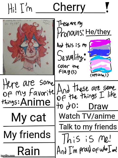 I am very bored, so hello :] | Cherry; He/they; Anime; Draw; My cat; Watch TV/anime; Talk to my friends; My friends; Rain | image tagged in lgbtq stream account profile | made w/ Imgflip meme maker