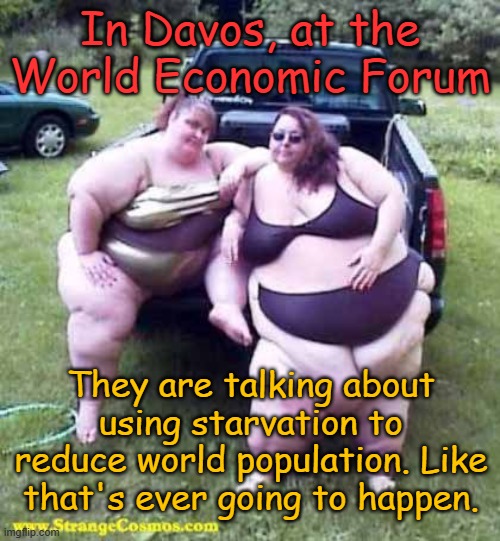 The World Economic Forum has a plan to eliminate carbon footprints. We ain't gonna play that game! | In Davos, at the World Economic Forum; They are talking about using starvation to reduce world population. Like that's ever going to happen. | image tagged in fat girl's on a truck | made w/ Imgflip meme maker