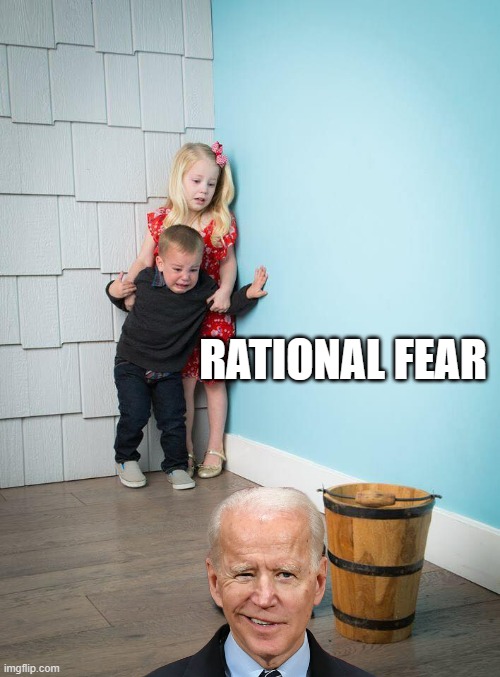 Biden 2024 Bungle Back Beligerent | RATIONAL FEAR | image tagged in kids afraid of rabbit | made w/ Imgflip meme maker