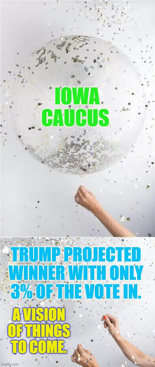 The Coldest In History | IOWA CAUCUS; TRUMP PROJECTED WINNER WITH ONLY 3% OF THE VOTE IN. A VISION OF THINGS TO COME. | image tagged in memes,politics,iowa,donald trump,winner,fastest thing possible | made w/ Imgflip meme maker