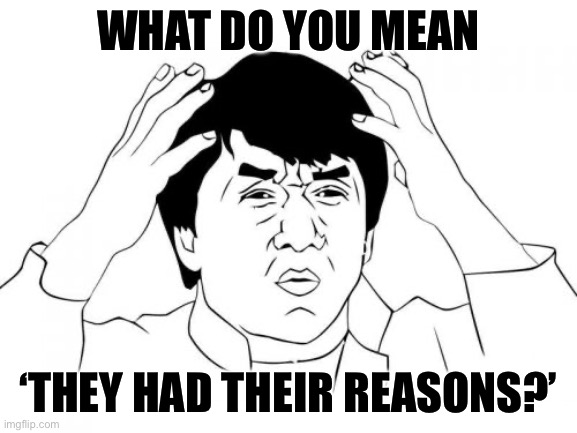 Jackie Chan WTF Meme | WHAT DO YOU MEAN ‘THEY HAD THEIR REASONS?’ | image tagged in memes,jackie chan wtf | made w/ Imgflip meme maker