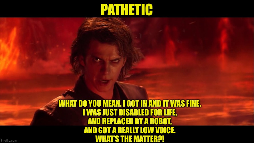 Anikin | PATHETIC WHAT DO YOU MEAN. I GOT IN AND IT WAS FINE.
I WAS JUST DISABLED FOR LIFE,
AND REPLACED BY A ROBOT,
AND GOT A REALLY LOW VOICE.
WHAT | image tagged in anikin | made w/ Imgflip meme maker