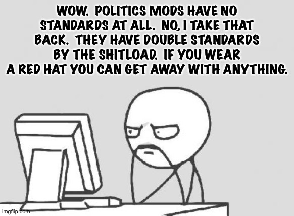 They don't even follow their own rules. | WOW.  POLITICS MODS HAVE NO STANDARDS AT ALL.  NO, I TAKE THAT BACK.  THEY HAVE DOUBLE STANDARDS BY THE SHITLOAD.  IF YOU WEAR A RED HAT YOU CAN GET AWAY WITH ANYTHING. | image tagged in memes,computer guy | made w/ Imgflip meme maker