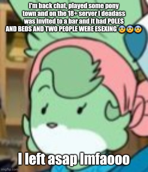 twemk | I'm back chat, played some pony town and on the 18+ server I deadass was invited to a bar and it had POLES AND BEDS AND TWO PEOPLE WERE ESEXING 😰😰😰; I left asap lmfaooo | image tagged in twemk | made w/ Imgflip meme maker