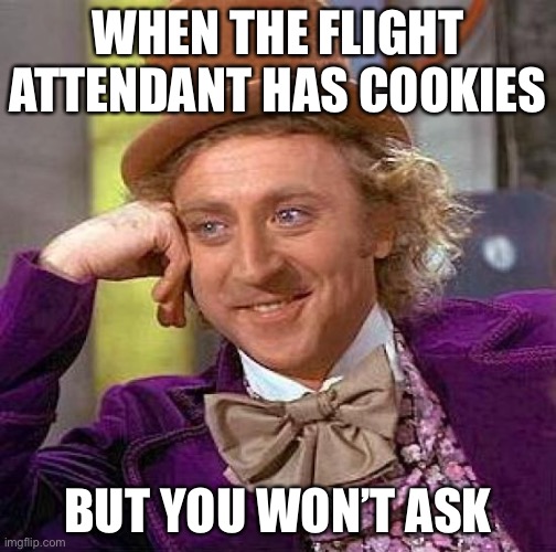 Creepy Condescending Wonka | WHEN THE FLIGHT ATTENDANT HAS COOKIES; BUT YOU WON’T ASK | image tagged in memes,creepy condescending wonka | made w/ Imgflip meme maker
