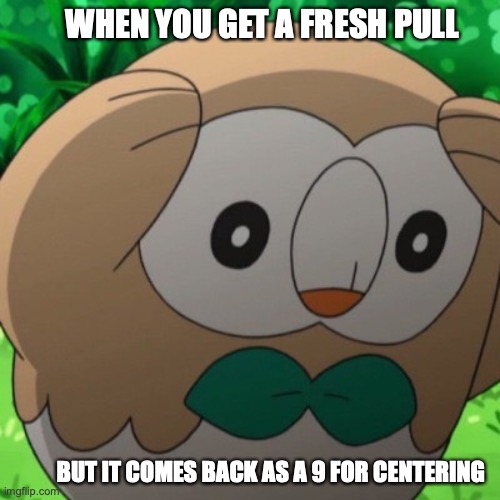 grading in a nutshell | WHEN YOU GET A FRESH PULL; BUT IT COMES BACK AS A 9 FOR CENTERING | image tagged in rowlet meme template,pokemon,grading | made w/ Imgflip meme maker