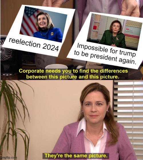 Nancy Pelosi...Spot The Difference | reelection 2024; Impossible for trump to be president again. | image tagged in memes,nancy pelosi,election,trump,politics,spot the difference | made w/ Imgflip meme maker