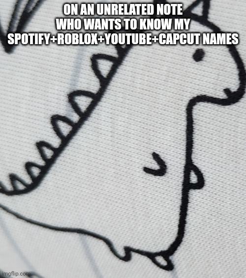 I'm being brutally honest here | ON AN UNRELATED NOTE WHO WANTS TO KNOW MY SPOTIFY+ROBLOX+YOUTUBE+CAPCUT NAMES | image tagged in i'm back,dinosaur,name | made w/ Imgflip meme maker