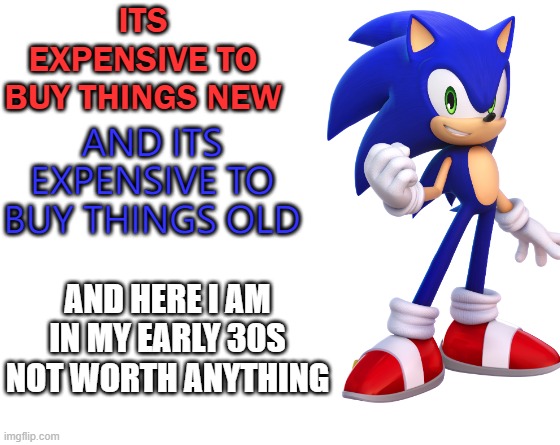 Incorrect Sonic Quote | ITS EXPENSIVE TO BUY THINGS NEW; AND ITS EXPENSIVE TO BUY THINGS OLD; AND HERE I AM IN MY EARLY 30S NOT WORTH ANYTHING | image tagged in make your own meme | made w/ Imgflip meme maker