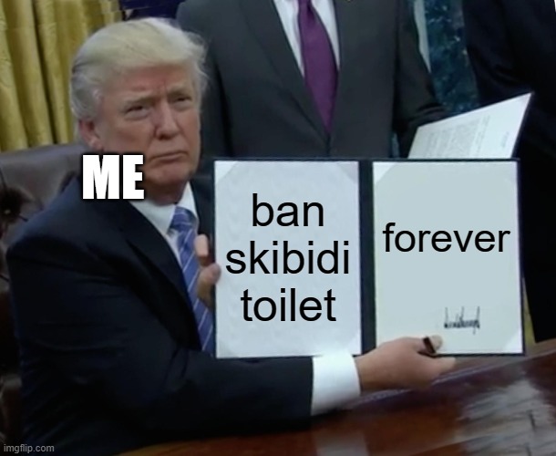 yes. | ME; ban skibidi toilet; forever | image tagged in memes,trump bill signing | made w/ Imgflip meme maker