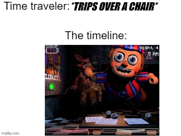 Watch where you step in horror games | *TRIPS OVER A CHAIR* | image tagged in time traveler,memes,fnaf2,five nights at freddy's 2,timeline | made w/ Imgflip meme maker