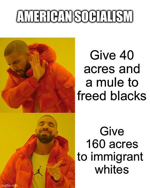 American Socialism | AMERICAN SOCIALISM; Give 40 acres and a mule to freed blacks; Give 160 acres to immigrant 
whites | image tagged in memes,drake hotline bling,slavery,socialism,america,racism | made w/ Imgflip meme maker