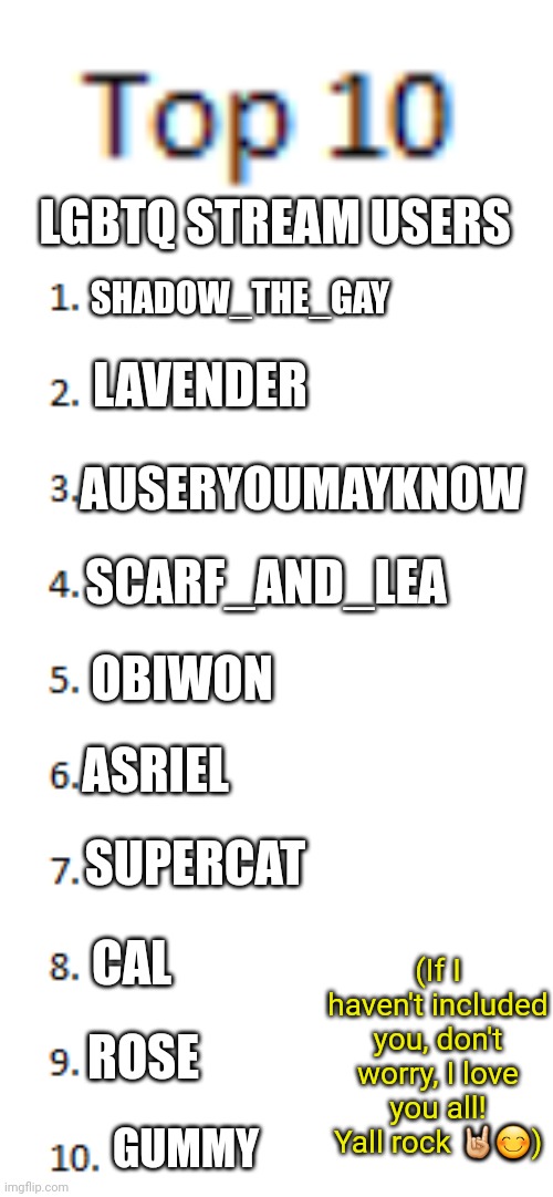 Top 10 List | LGBTQ STREAM USERS; SHADOW_THE_GAY; LAVENDER; AUSERYOUMAYKNOW; SCARF_AND_LEA; OBIWON; ASRIEL; SUPERCAT; (If I haven't included you, don't worry, I love you all! Yall rock 🤘🏻😊); CAL; ROSE; GUMMY | image tagged in top 10 list | made w/ Imgflip meme maker