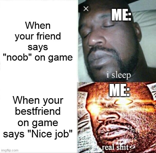 Sleeping Shaq Meme | When your friend says "noob" on game; ME:; ME:; When your bestfriend on game says "Nice job" | image tagged in memes,sleeping shaq | made w/ Imgflip meme maker