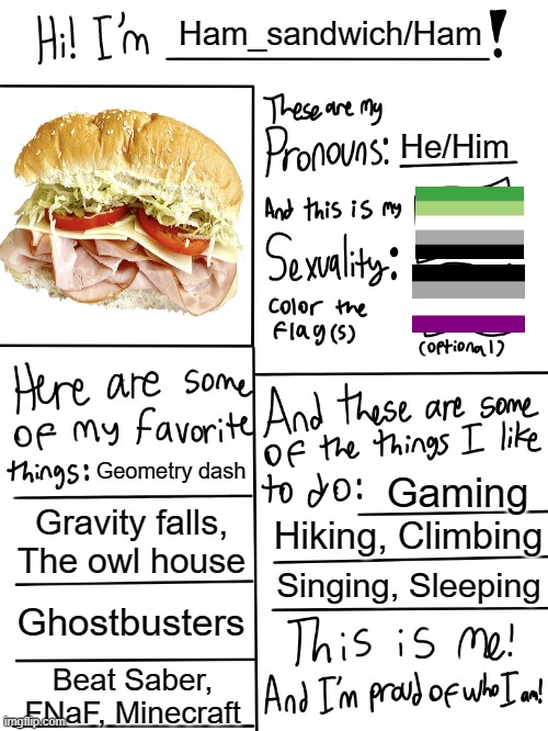Never done one of these before soooo | Ham_sandwich/Ham; He/Him; Geometry dash; Gaming; Gravity falls, The owl house; Hiking, Climbing; Singing, Sleeping; Ghostbusters; Beat Saber, FNaF, Minecraft | image tagged in lgbtq stream account profile | made w/ Imgflip meme maker