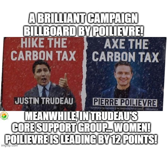 politics | A BRILLIANT CAMPAIGN BILLBOARD BY POILIEVRE! MEANWHILE, IN TRUDEAU'S CORE SUPPORT GROUP... WOMEN! POILIEVRE IS LEADING BY 12 POINTS! | image tagged in political meme | made w/ Imgflip meme maker