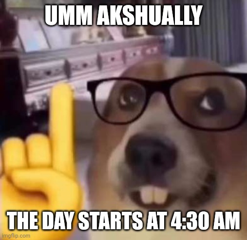 Umm actually | UMM AKSHUALLY THE DAY STARTS AT 4:30 AM | image tagged in umm actually | made w/ Imgflip meme maker
