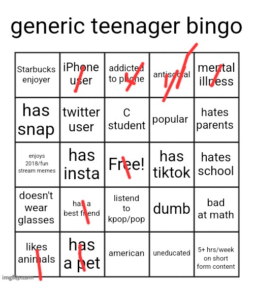 I feellike this bngo is for Americans. Ive only ever seen 1 starbucks in my life. | image tagged in generic teenager bingo | made w/ Imgflip meme maker