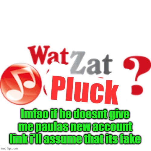 WatZatPluck announcement | lmfao if he doesnt give me paulas new account link i'll assume that its fake | image tagged in watzatpluck announcement | made w/ Imgflip meme maker