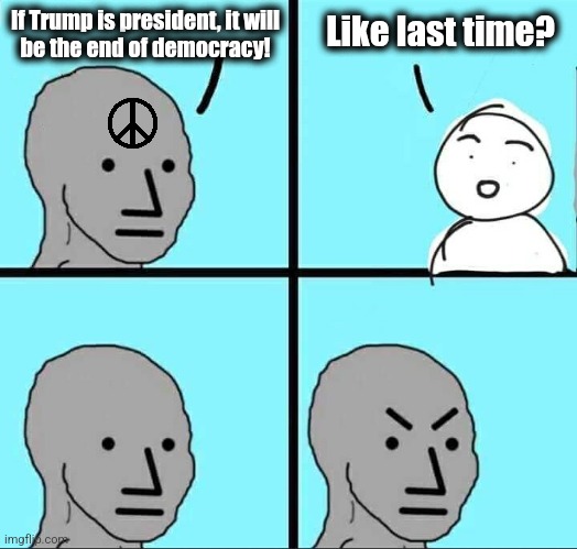 libs rn | If Trump is president, it will
be the end of democracy! Like last time? | image tagged in npc meme,democrats,trump,democracy,election 2024,joe biden | made w/ Imgflip meme maker