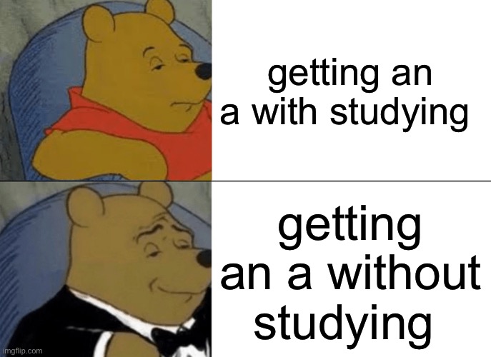 Tuxedo Winnie The Pooh | getting an a with studying; getting an a without studying | image tagged in memes,tuxedo winnie the pooh | made w/ Imgflip meme maker