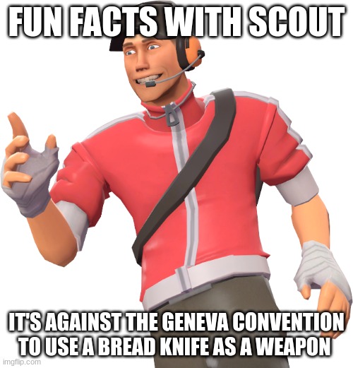 US didn't like serrated weapons during WW1 | FUN FACTS WITH SCOUT; IT'S AGAINST THE GENEVA CONVENTION TO USE A BREAD KNIFE AS A WEAPON | image tagged in fun facts with scout | made w/ Imgflip meme maker