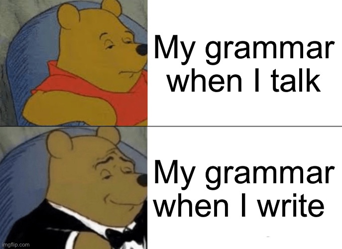 Tuxedo Winnie The Pooh Meme | My grammar when I talk; My grammar when I write | image tagged in memes,tuxedo winnie the pooh | made w/ Imgflip meme maker