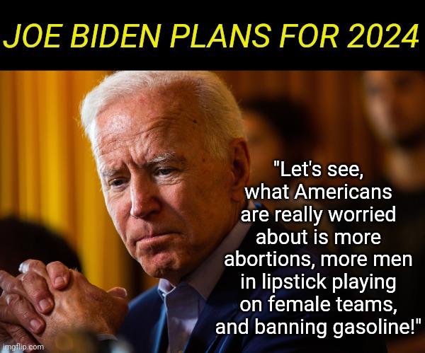 The last 4 years of Bidinsanity is REALLY gping to be hard to forget. And doubling down on the stupid may backfire. | JOE BIDEN PLANS FOR 2024; "Let's see, what Americans are really worried about is more abortions, more men in lipstick playing on female teams, and banning gasoline!" | image tagged in biden worried,democrats,epic fail,2024,election,liberal logic | made w/ Imgflip meme maker