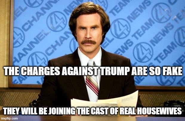 One more charge and he wins the election automatically. | THE CHARGES AGAINST TRUMP ARE SO FAKE; THEY WILL BE JOINING THE CAST OF REAL HOUSEWIVES | image tagged in breaking news,donald trump,politics,funny memes,government corruption,election | made w/ Imgflip meme maker