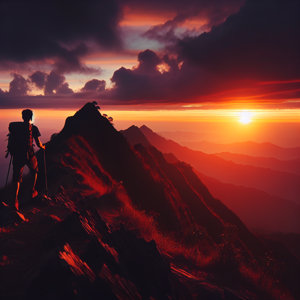 Photo silhouette of man hiking to mountain peak sunset dramatic Blank Meme Template