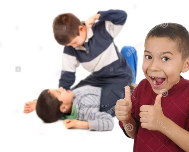 High Quality Boy with his thumbs up while two other kids are fighting in BG Blank Meme Template