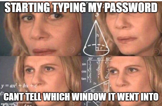 Typed Password into something | STARTING TYPING MY PASSWORD; CANT TELL WHICH WINDOW IT WENT INTO | image tagged in math lady/confused lady | made w/ Imgflip meme maker