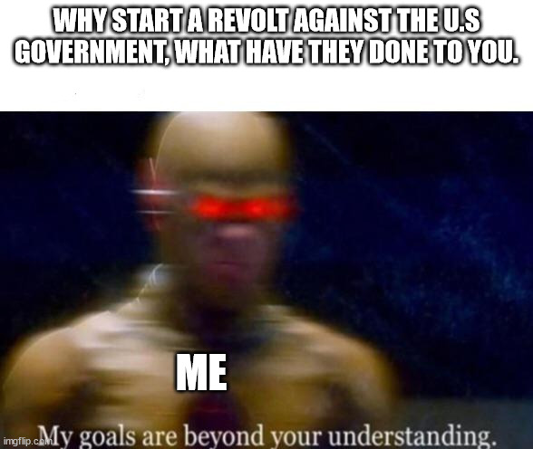 My Goals are Beyond your Understanding | WHY START A REVOLT AGAINST THE U.S GOVERNMENT, WHAT HAVE THEY DONE TO YOU. ME | image tagged in my goals are beyond your understanding | made w/ Imgflip meme maker