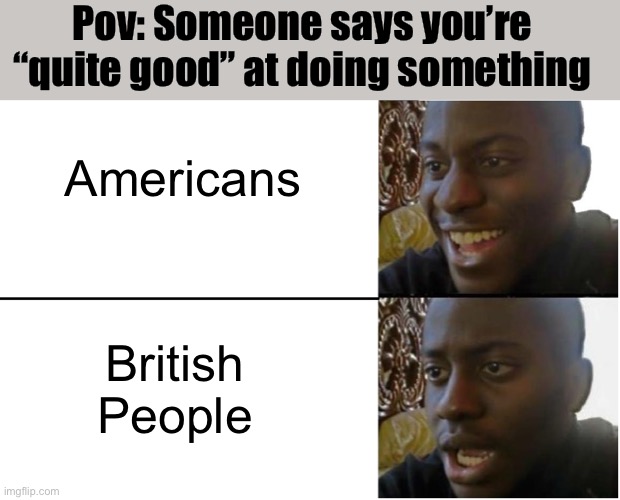 Change of Meaning by Dialect | Pov: Someone says you’re “quite good” at doing something; Americans; British People | image tagged in disappointed black guy,english,british | made w/ Imgflip meme maker