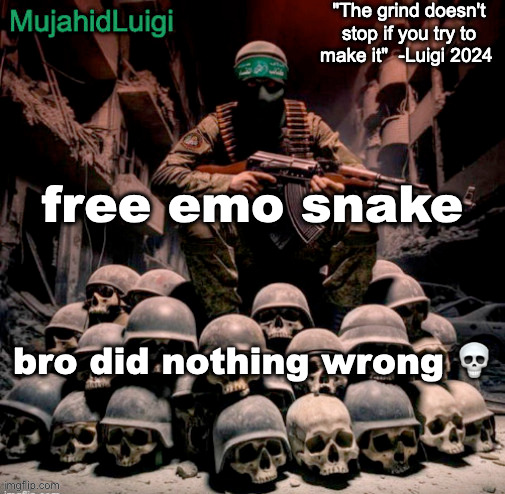 MujahidLuigi announcement with quote | free emo snake; bro did nothing wrong 💀 | image tagged in mujahidluigi announcement with quote | made w/ Imgflip meme maker