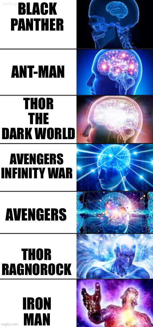 Best Marvel MOVIES of all time | BLACK PANTHER; ANT-MAN; THOR THE DARK WORLD; AVENGERS INFINITY WAR; AVENGERS; THOR RAGNOROCK; IRON MAN | image tagged in 7 - tier expanding brain meme | made w/ Imgflip meme maker