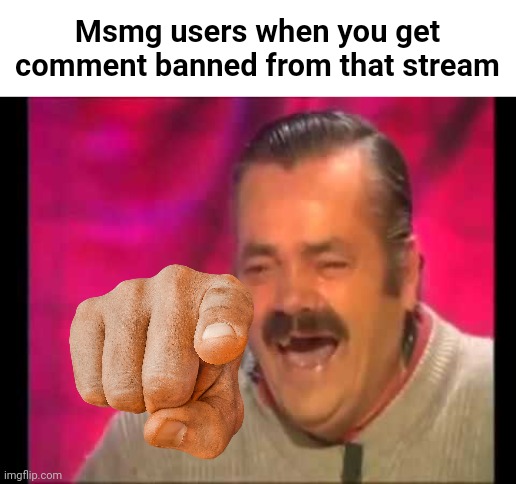 Spanish guy laughing | Msmg users when you get comment banned from that stream | image tagged in spanish guy laughing | made w/ Imgflip meme maker