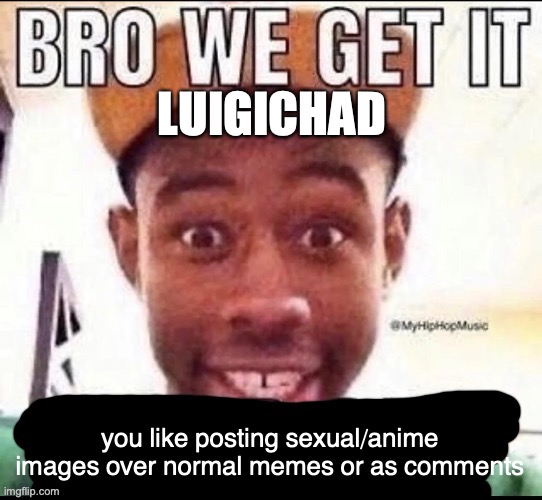 bro is getting too silly | LUIGICHAD; you like posting sexual/anime images over normal memes or as comments | image tagged in bro we get it blank | made w/ Imgflip meme maker