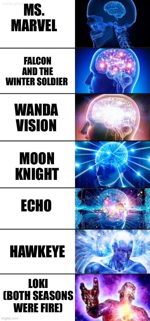 Best Marvel SHOWS of all time | MS. MARVEL; FALCON AND THE WINTER SOLDIER; WANDA VISION; MOON KNIGHT; ECHO; HAWKEYE; LOKI
(BOTH SEASONS WERE FIRE) | image tagged in 7 - tier expanding brain meme | made w/ Imgflip meme maker