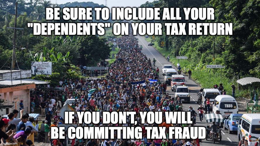 Illegal Alien dependent tax fraud | BE SURE TO INCLUDE ALL YOUR "DEPENDENTS" ON YOUR TAX RETURN; TK65; IF YOU DON'T, YOU WILL BE COMMITTING TAX FRAUD | image tagged in illegal alien,income taxes | made w/ Imgflip meme maker