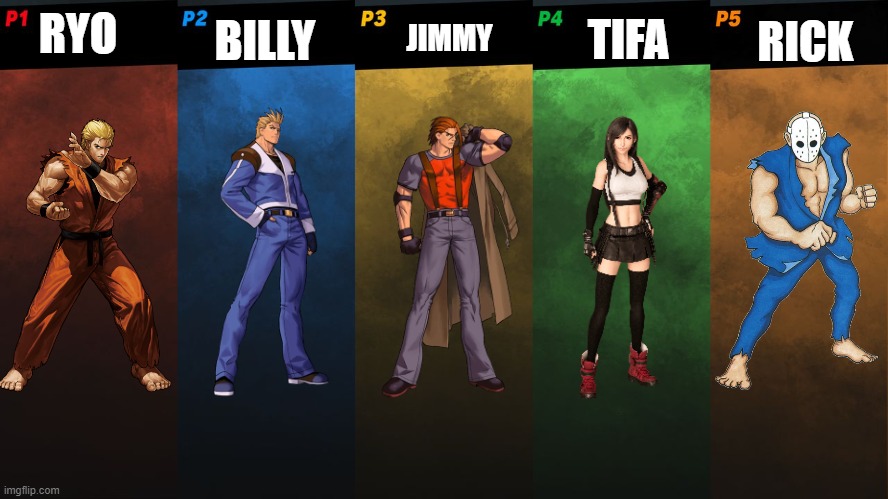 Ryo Vs Billy Vs Jimmy Vs Tifa Vs Rick | BILLY; RICK; RYO; TIFA; JIMMY | image tagged in smash bros 5 players fight | made w/ Imgflip meme maker