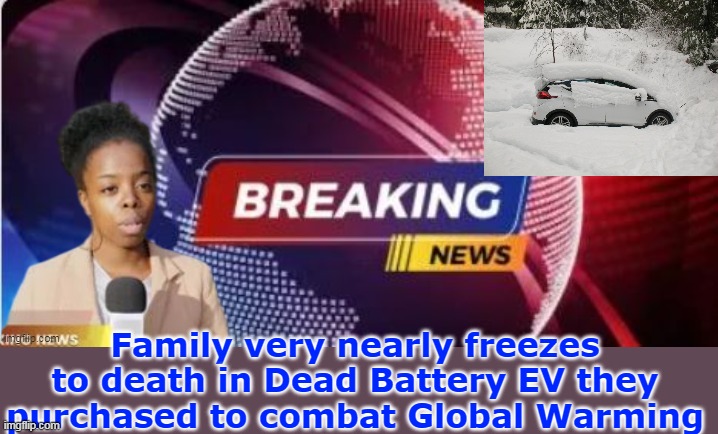 Didn't see this reported on MS DNC for some reason | Family very nearly freezes to death in Dead Battery EV they purchased to combat Global Warming | image tagged in ev frozen death meme | made w/ Imgflip meme maker