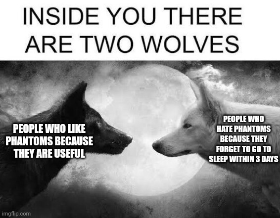 There are two wolves inside you | PEOPLE WHO LIKE PHANTOMS BECAUSE THEY ARE USEFUL PEOPLE WHO HATE PHANTOMS BECAUSE THEY FORGET TO GO TO SLEEP WITHIN 3 DAYS | image tagged in there are two wolves inside you | made w/ Imgflip meme maker