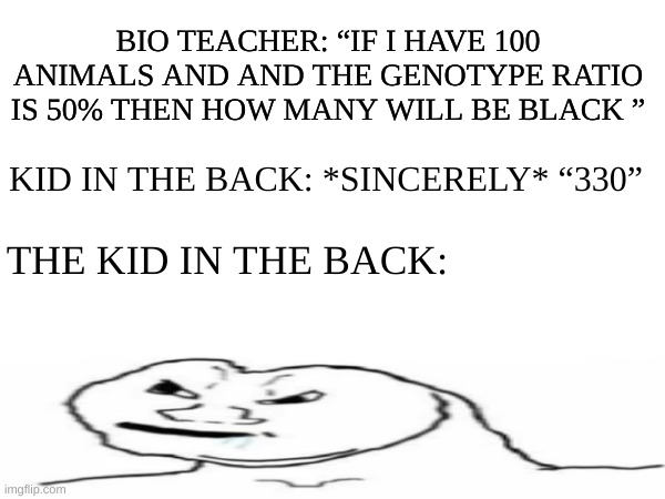 Real situation that just happened btw | BIO TEACHER: “IF I HAVE 100 ANIMALS AND AND THE GENOTYPE RATIO IS 50% THEN HOW MANY WILL BE BLACK ”; KID IN THE BACK: *SINCERELY* “330”; THE KID IN THE BACK: | image tagged in school,funny,memes | made w/ Imgflip meme maker