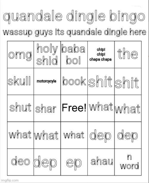 Blank Bingo | quandale dingle bingo; wassup guys its quandale dingle here; baba boi; holy shid; the; omg; chipi chipi chapa chapa; book; skull; shit; shit; motorcycyle; what; shut; what; shar; what; what; dep; dep; what; dep; n word; deo; ep; ahau | image tagged in blank bingo | made w/ Imgflip meme maker