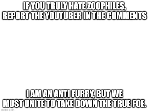 truce for now? | IF YOU TRULY HATE ZOOPHILES, REPORT THE YOUTUBER IN THE COMMENTS; I AM AN ANTI FURRY, BUT WE MUST UNITE TO TAKE DOWN THE TRUE FOE. | image tagged in zoophile | made w/ Imgflip meme maker